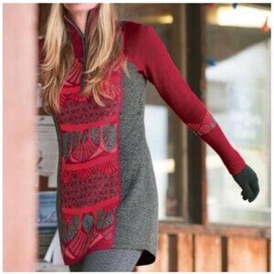 Title Nine Buona Tunic Sweater Merino Wool Womens Large 1/4 Zip Pocket Gray Red